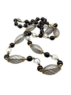 Vintage Murano Necklace Venetian Glass Beaded Glass Black Gold Clear